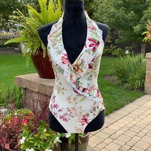 Carmen Marc Valvo one piece botanical ruffle v neck halter. Size 10. Worn once.